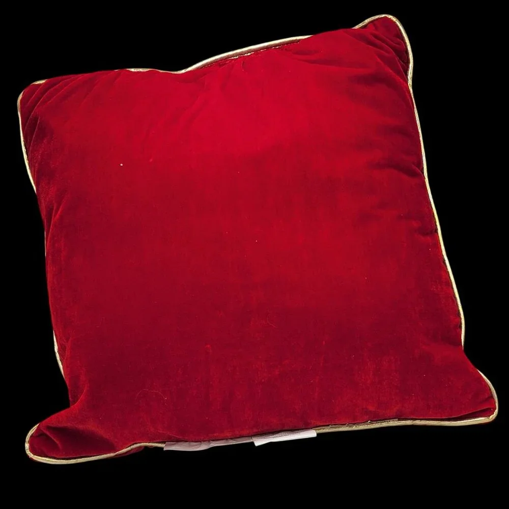 VTG Red & Gold Velvet Christmas Throw Pillow With Poinsettia Design Embroidery
